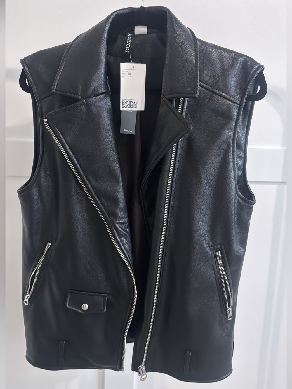 H&M Black Sleeveless Faux Leather Biker Vest with Silver Hardware